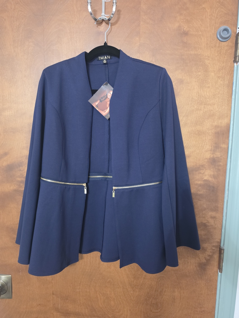 IMAN Navy Open-Front Peplum Jacket with Zip Details